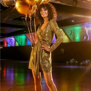 Modcloth Sparkling Champagne Showers Mini Dress in Gold Metallic Belted XL NWT